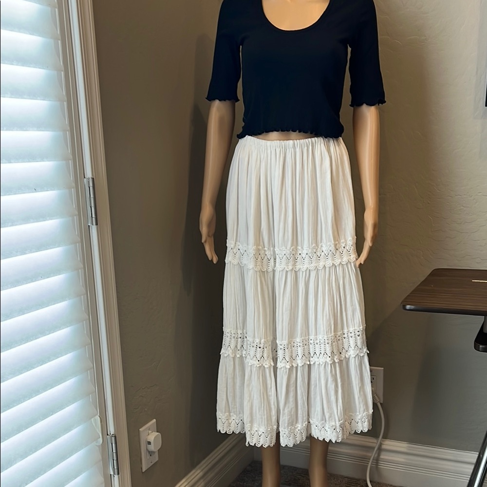 White Smocked Tiered Midi Skirt 4-16